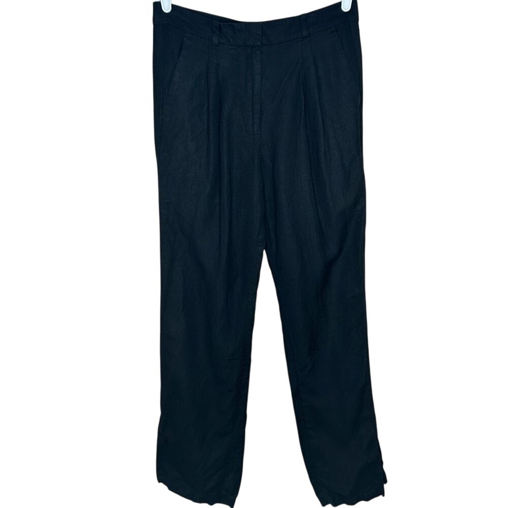 Ann Taylor Women's Black Linen Blend Pleated Straight Leg Pants SZ 4 minimalist